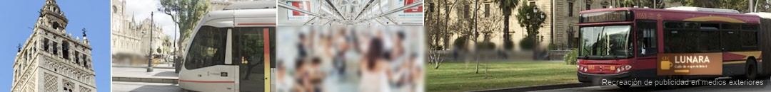 La Giralda, un tranvía Metrocentro, el interior de un tranvía con viajeros y un autobús urbano de TUSSAM en Sevilla