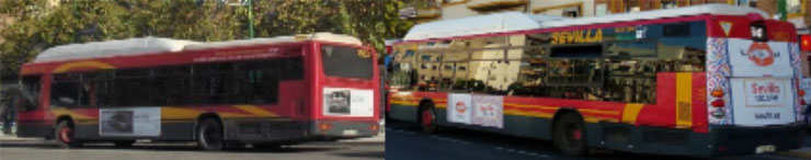 dos autobuses con publicidad